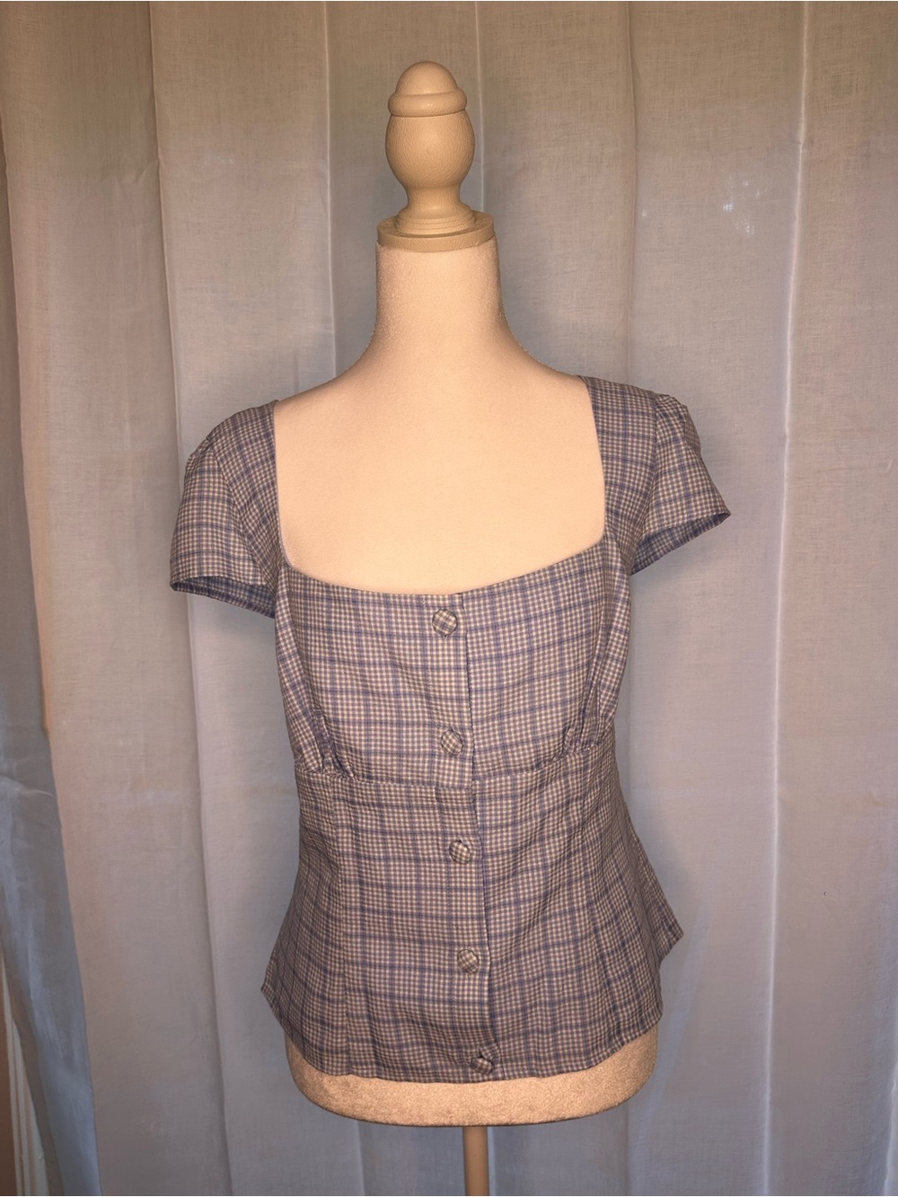 Princess Polly Taupe & Blue Plaid Square-Neck Button Blouse